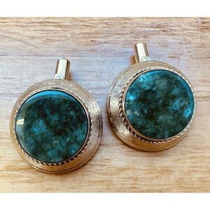 Signed‎ Destino Men's Cufflinks 1/20 12K Gold Filled 1" Green Round Center VTG